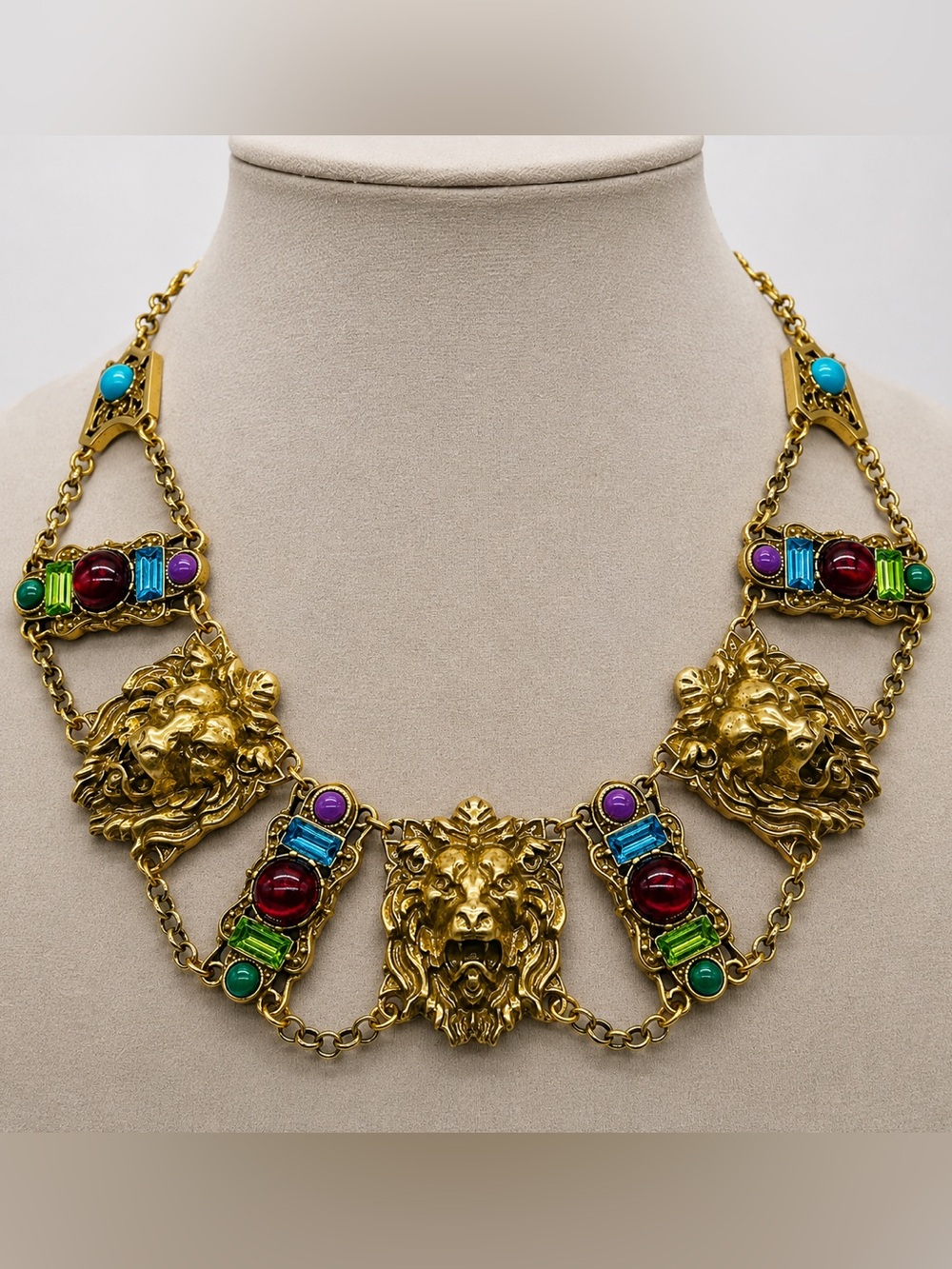 426. Vintage Byzantine Revival Cast Lion Mask Runway Necklace 18k GP